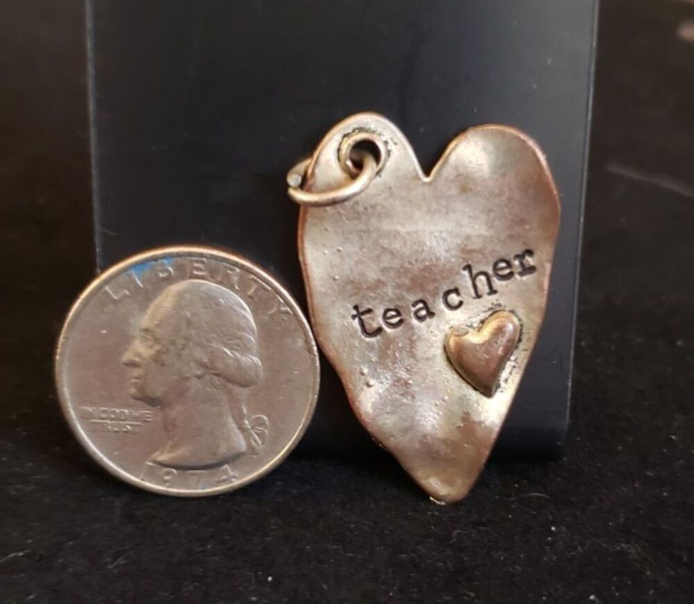 Quirky Back to School Gift - Hammered Metal "Teacher" Pendant with a Heart
